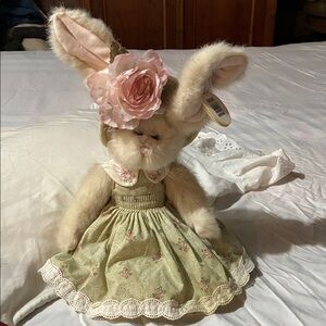 Floral Dress Bunny Plush with Pink Rose